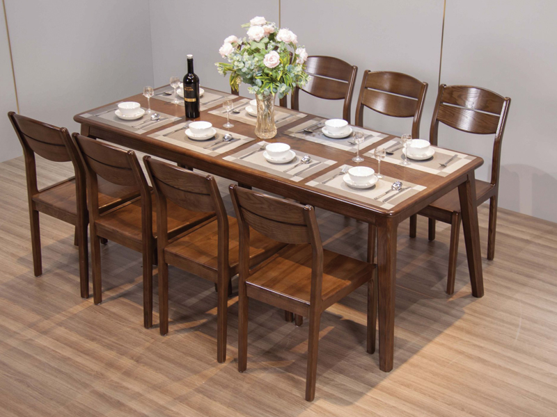 Bộ bàn ăn gỗ đẹp hiện đại 8 ghế gỗ sồi tự nhiên sơn men trắng